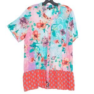 Tolani Collection Womens Top Modal Floral Button Up Short Sleeve Boho Large FA